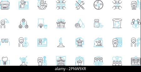 Lineare Symbole für Organisationsmaterialien festgelegt. Ordner, Ordner, Trennblätter, Registerkarten, Etiketten, Clips, Pins Linienvektor und Konzeptzeichen. Klebebänder, Klebstoff, Scheren Stock Vektor