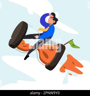 Business-Wohnung mit aktivem Geschäftsmann, der mit einer Rakete durch den Himmel fliegt. Geschäftszeitmanagement und Terminkonzept. Erfolg, Champion, Stockfoto
