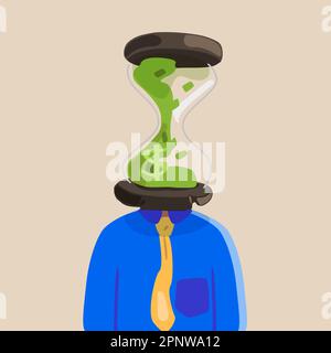 Business Flat zeichnet erfolgreichen Geschäftsmann mit Sanduhr statt Kopf, symbolisiert Druck, Termin, Zeitplan, Zeitmanagementkonzept. Sandgl Stockfoto