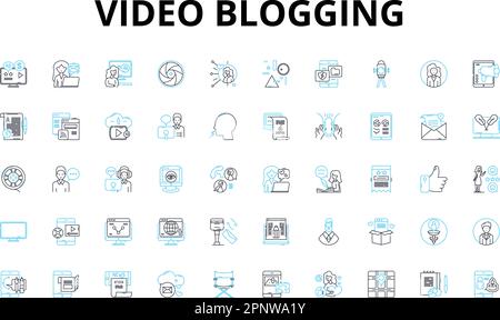 Lineare Symbole für Video-Blogging eingestellt. Vlogging, Youtube, Bloggen, Inhalt, Influencer, Kamera, Bearbeiten von Vektorsymbolen und Linienzeichen. Kanal Stock Vektor