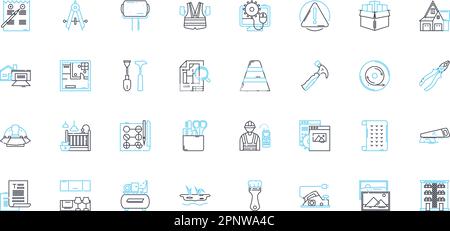 Lineare Symbole für Konstruktionsmaterialien festgelegt. Beton, Stahl, Ziegel, Holz, Glas, Kunststoff, Asphaltlinienvektor und Konzeptschilder. Umriss Keramik, St, Sand Stock Vektor