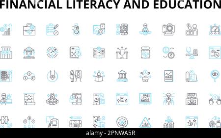 Lineare Symbole für Finanzkompetenz und Bildung. Budgetierung, Sparen, Investitionen, Kredite, Schulden, Zinsen, Budgetvektorsymbole und Linienkonzepte Stock Vektor