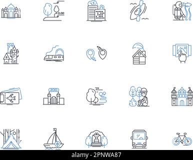 Expedition ins Ausland - Kollektion von Liniensymbolen. Abenteuer, Erkundungen, Entdecken, Kultur, Reisen, Flucht, Wanderlust-Vektor und lineare Darstellung Stock Vektor