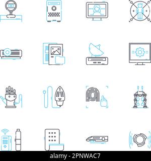 Lineare Symbole für Audiogeräte eingestellt. Verstärker, Empfänger, Lautsprecher, Subwoofer, Kopfhörer, Mikrophon, Mixer, Linienvektor und Konzeptzeichen. Equalizer Stock Vektor