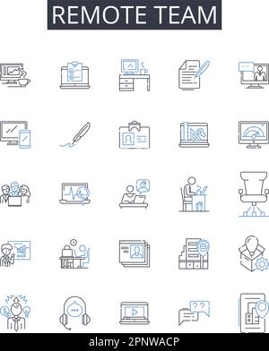 Symbolsammlung für Remote Team Line. Virtuelles Personal, entfernte Gruppe, externes Team, weit entfernte Crew, Online-Personal, Geografisch verteilte Einheit Stock Vektor