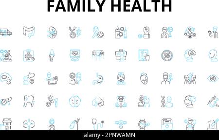 Lineare Symbole für Familienzustand festgelegt. Ernährung, Bewegung, Hygiene, Schlaf, Impfstoffe, Prävention, Medizinvektorsymbole und Linienkonzepte. Untersuchungen Stock Vektor