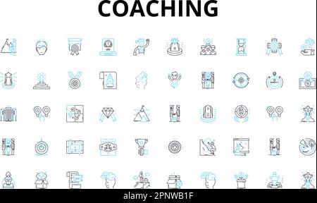 Lineare Symbole für Coaching festgelegt. Mentoring, Anleitung, Befähigung, Unterstützung, Entwicklung, Ermutigung, Motivationsvektorsymbole und Linienschilder Stock Vektor