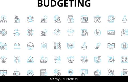 Lineare Symbole für die Budgetierung festgelegt. Planung, Einsparungen, Ausgaben, Einnahmen, Sparsamkeit, Schulden, Analysevektorsymbole und Linienkonzepte. Steuerung, Überwachung Stock Vektor