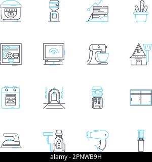 Lineare Symbole für Herd eingestellt. Heizung, Kochen, Brenner, Flamme, Ofen, Messbereich, Gasleitungsvektor und Konzeptzeichen. Elektrische, Pot-, Schwenk- und Umrissdarstellungen Stock Vektor