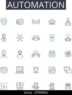 Symbolsammlung für Automatisierungslinien. Mechanisierung, Innovation, Modernisierung, Digitalisierung, Computerisierung, Optimierung, Rationalisierung von Vektoren und Stock Vektor