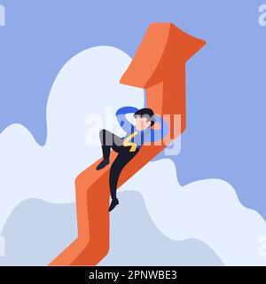 Geschäftskonzept flacher Geschäftsmann, der auf einem Diagrammdiagramm liegt. Männlicher Manager ruht auf steigendem Pfeil. Freut sich über das Wachstum. Finanzinvestoren Stockfoto