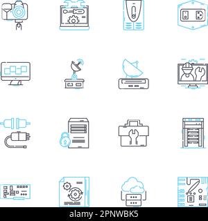 Lineare Symbole für Informationsgeräte eingestellt. Smartph, Laptop, Tablet, Desktop, Smartwatch, E-Reader, Spielekonsole Linienvektor und Konzeptschilder. Virtuell Stock Vektor