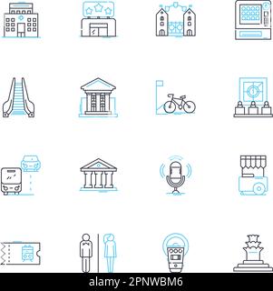 Futuristische lineare Ikonen in der Innenstadt. Urban, Metropolis, Wolkenkratzer, Neon, Cyberpunk, DRS, Luftkissenfahrzeuge, Linienvektor und Konzeptzeichen. Techno Stock Vektor