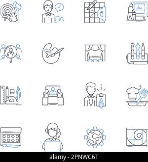 Blogging Genius Line Icons Kollektion. Kreativität, Inspiration, Zielgruppe, Engagement, Strategie, Konsistenz, Authentizitätsvektor und linear Stock Vektor
