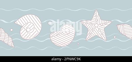 Linienvektor Nahtloses Muster der Linie mit Muscheln, Seesternen. Seegrenze für Textilien, Paket. Stock Vektor