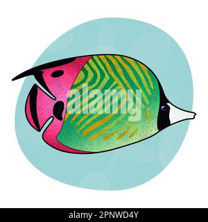 Kühle grüne und rosafarbene tropische Meeresfische Threadfin Butterflyfish. Schöner Aufdruck für Kleidung, Tassen, Teller, Waren. Meereswelt. Logo für Fisch und Meeresfrüchte Stock Vektor