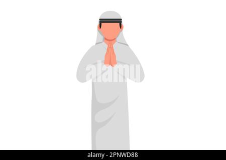 Business Flat Cartoon-Stil, der arabische Geschäftsleute mit geschlossenen Augen anzieht und die Hände zusammenbetet. Eine Person, die im Gebet Handflächen hält. Menschliche Emotionen, Körper-ian Stockfoto