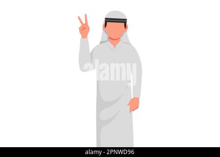 Ein lächelnder Arabier zeigt ein Siegeszeichen. Junger Geschäftsmann, Geste Erfolg. Männchen mit Siegeszeichen. Zeichen des Erfolgs und Erbse Stockfoto