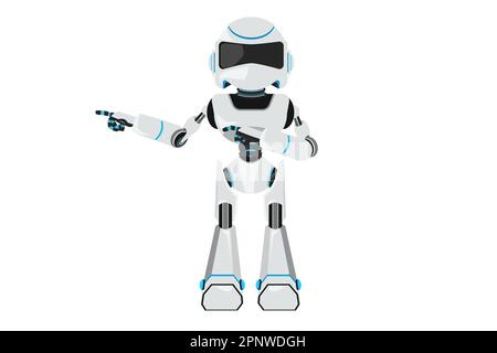 Der Business Flat-Zeichentrickroboter zeigt die Hände zusammen weg und zeigt oder präsentiert etwas, während er steht. Moderne Robotertechnik mit künstlichem i Stockfoto