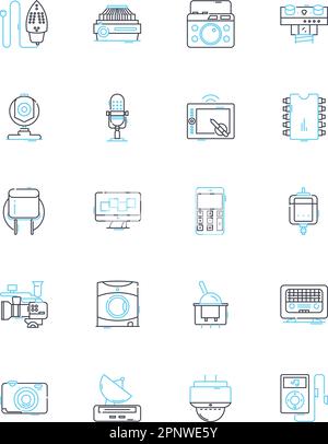 Technologie Lineare Symbole gesetzt. Smartph, Tablet, Notebook, Cybersicherheit, Künstliche Intelligenz, Automatisierung, Cloud Line Vector und Concept Signs Stock Vektor