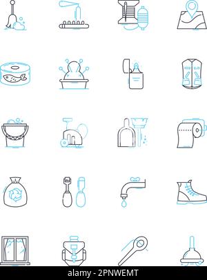 Lineare Symbole für Innen- und Außenbereiche. Camping, Wandern, Angeln, Gartenarbeit, Schwimmen, Skipisten, Radwege, Vektor- und Konzeptschilder. Klettern Stock Vektor