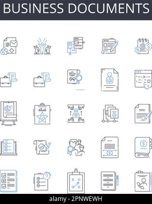 Collection mit Positionssymbolen für Geschäftsdokumente. Verträge, Verträge, Rechnungen, Vorschläge, Angebote, Vektor für Wareneingänge, Bestellungen und lineare Darstellung Stock Vektor