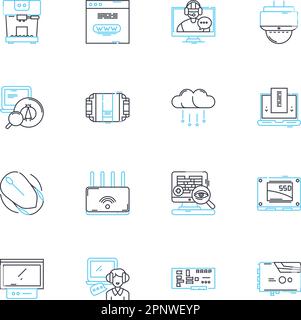 Lineare Symbole für mobile Diagramme festgelegt. Android, Akku, Bluetooth, Kamera, Laden, Display, Ecosystem-Linienvektor und Konzeptzeichen. Facetime, Gaming, Hotspot Stock Vektor