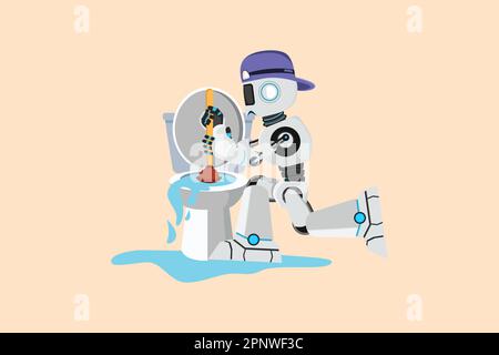 Business Flat Cartoon-Zeichner-Roboter-Klempner, der Toiletten repariert, Sanitär-Service. Toilettenrohre sind undicht, verstopft. Abwassersystem. Roboterkünstliches i Stockfoto