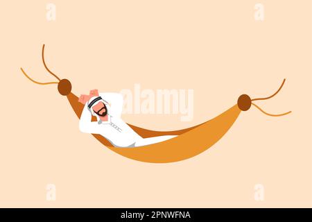 Geschäftsdesign, das arabische Geschäftsleute in einer Hängematte anzieht und von großem Geld träumt. Komfort, Urlaub, Erholung und Erholung. Finanzierungen erzielen Stockfoto
