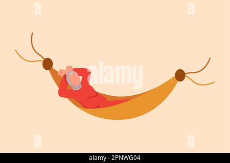 Geschäftswohnung mit entspannter arabischer Geschäftsfrau, die in einer Hängematte liegt und von großem Geld träumt. Komfort, Urlaub, Ruhe, Erholung. FIN erreichen Stockfoto