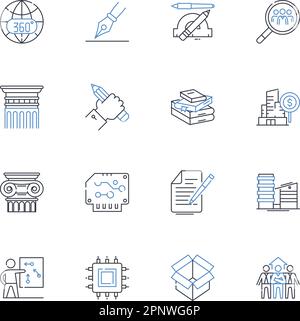 Icons-Kollektion für internationale Angelegenheiten. Diplomatie, Konflikt, Zusammenarbeit, Verhandlungen, Diplomaten, Verträge, Globalisierungsvektor und linear Stock Vektor