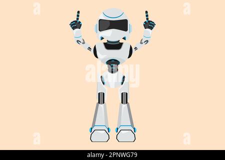 Business Flat Drawing glücklicher Roboter, der mit beiden Händen mit dem Zeigefinger nach oben steht. Feiern Sie den Sieg. Humanoider Roboter-kybernetischer Organismus. Zukünftige Roboter Stockfoto