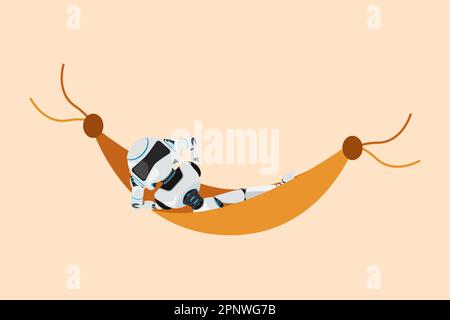 Ein Business-Appartement, der einen glücklichen Roboter zeichnet, der in einer Hängematte liegt und schläft. Komfort, Urlaub und Erholung. Humanoider Roboter-kybernetischer Organismus. Zukünftige Robotik Stockfoto