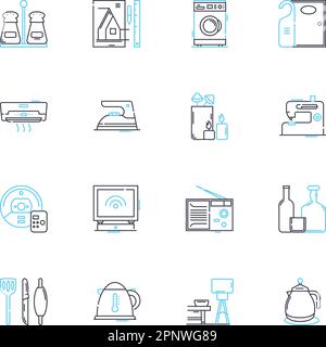 Lineare Symbole für Appliances festgelegt. Kühlschrank, Herd, Gefrierschrank, Mikrowelle, Spülmaschine, Blender, Toaster Linienvektor und Konzeptzeichen. Ofen, Kaffeemaschine Stock Vektor