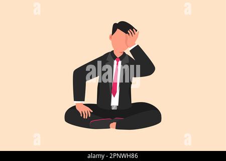 Business Flat Cartoon-Stil, der Geschäftsmann zeichnet, der Fragen stellt oder verwirrt ist, weil er in ein Problem Gerät. Mir gehen die Ideen aus, Tagträume, s Stockfoto
