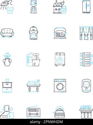 Lineare Symbole für Elektrogeräte festgelegt. Mikrowelle, Mixer, Toaster, Mixer, Entsafter, Kaffeemaschine, elektrischer Wasserkocher, Linienvektor und Konzeptschilder. Eisen Stock Vektor