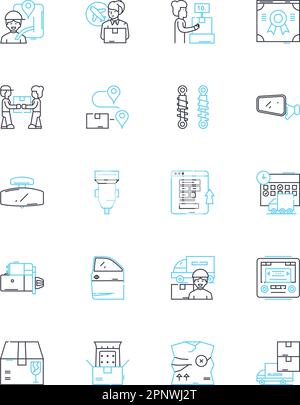 Lineare Symbole für Busse festgelegt. Transport, Pendelverkehr, Reisen, Öffentlich, Transit, Route, Passagierlinienvektor und Konzeptzeichen. Fahrer, Fahrplan, Fahrpreis Stock Vektor