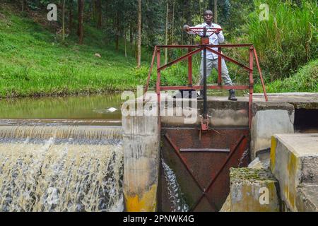 Muhindo Kalumbi, ein Elektrotechniker, führt am 17. Januar 2022 Routinewartungen an einem Staudamm am Fluss Lusukwe in Nord-Kivu, Demokratische Republik Kongo, durch. Das Mikro-Wasserkraftwerk versorgt Kirumba und das nahe gelegene Dorf Mighobwe mit Strom. (Merveille Kavira Luneghe/Global Press Journal) Stockfoto