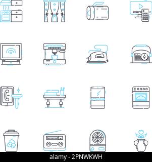 Lineare Symbole für Elektrogeräte festgelegt. Mikrowelle, Mixer, Toaster, Mixer, Entsafter, Kaffeemaschine, elektrischer Wasserkocher, Linienvektor und Konzeptschilder. Eisen Stock Vektor
