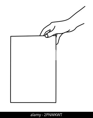 Hand mit A4 Blatt Papier, handgezeichnet mit dünner Linie. Dokument präsentieren, Memo zeigen, Bildvorlage. Vektorgrafik isoliert auf weißem BA Stock Vektor