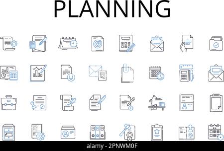 Symbolsammlung für Planungslinien. Vorbereiten, Organisieren, Planen, Strategieren, Zuordnen, Erstellen von Blaupausen, Entwerfen von Layoutvektoren und Linear Stock Vektor