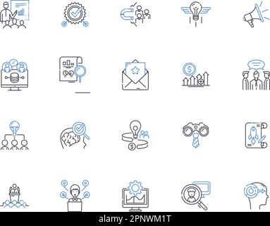 Symbolsammlung für Markenidentität. Konsistenz, Unterscheidungskraft, Persönlichkeit, Werte, Wahrnehmung, Erkennung, Nachrichtenvektor und linear Stock Vektor