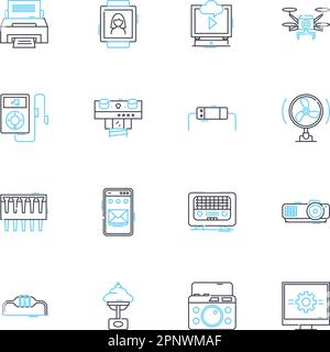 Technologische Innovation – lineare Symbole. Disruption, Automatisierung, Effizienz, Digitalisierung, Integration, Fortschritt, Entwicklungslinien-Vektor und Stock Vektor