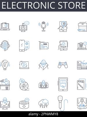 Symbolsammlung für elektronische Filialen. Gadget Shop, Tech Store, Gerätehändler, Digital Emporium, Computer Mart, Multimedia-Ausgang, audiovisuell Stock Vektor