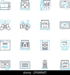 Lineare Symbole für Informationssysteme. Datenbank, Analysen, Nerking, Cloud, Sicherheit, Automation, Integration Line Vector und Concept Signs. Webbasiert Stock Vektor
