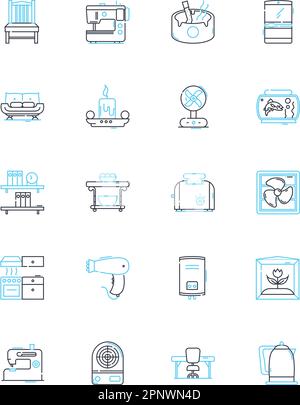 Linearer Symbolsatz für Haushaltselektronik. Fernseher, Küche, Staubsauger, Mixer, Heizgeräte, Luftbefeuchter, Vektor der Haartrockner-Leitung und Konzeptschilder. Eisen, Ventilator Stock Vektor