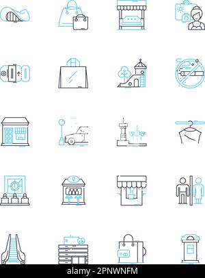 Futuristische lineare Ikonen in der Innenstadt. Urban, Metropolis, Wolkenkratzer, Neon, Cyberpunk, DRS, Luftkissenfahrzeuge, Linienvektor und Konzeptzeichen. Techno Stock Vektor