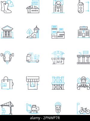 Lineare Ikonen im Downtown Tower. Wolkenkratzer, Wahrzeichen, Ikone, Modern, Vertikal, Urbane, eindrucksvolle Linienvektoren und Konzeptschilder. Hochhaus, Glas Stock Vektor