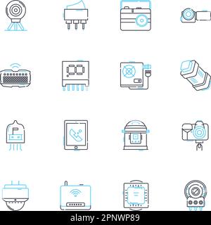 Lineare Symbole für Cyber-Systemisierung festgelegt. Sicherheit, Nerk, Automatisierung, Integration, Schnittstelle, Analysen, Effizienzlinienvektor und Konzeptzeichen Stock Vektor