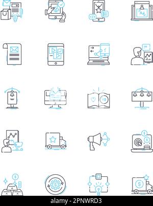 Lineare Symbole für soziale Forschung. Stichproben, Umfragen, Fragebögen, Fokusgruppen, Beobachtungen, Experimente, Datenlinienvektor und Konzeptzeichen Stock Vektor